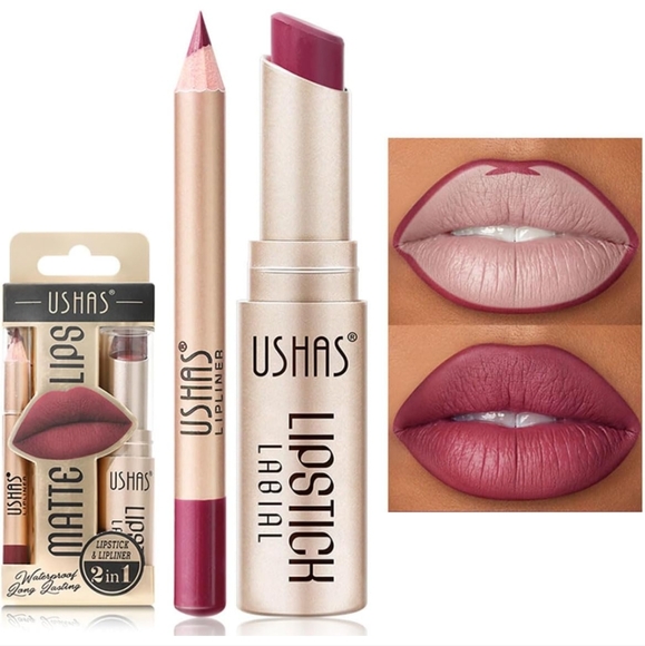 NIB USHAS Matte lips 👄 2in1 lipstick & lipliner #02 Rosetto, waterproof - Picture 2 of 9